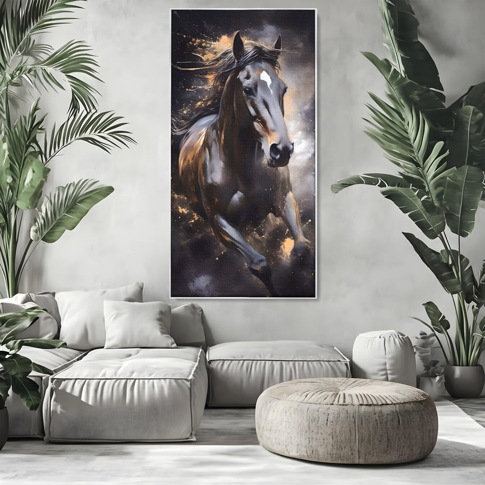 Tablou canvas cu tablou canvas cu un cal negru in alergare, in rama de aluminiu argintiu, pe perete intr-un living